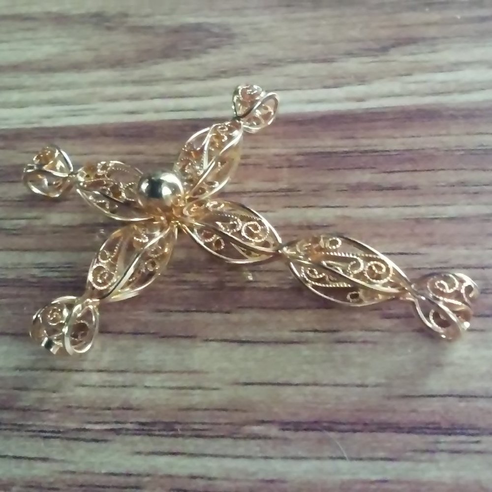 Gold Cross Shiny Necklace Or Ornament 2 1/2" Tall 2" Across Needs Chain or Hook